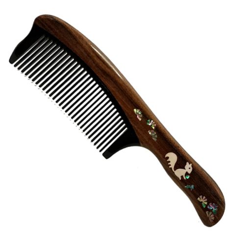 Peekingoose - Antique wooden comb men's and women's hair comb sandalwood comb mother-and-pearl craft hand-painted comb personality creative business engraved characters Birthday gift girl (1 squirrel long-handled horn wooden comb gift box)
