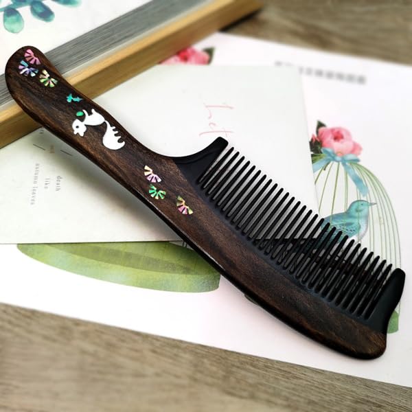 Peekingoose - Antique wooden comb men's and women's hair comb sandalwood comb mother-and-pearl craft hand-painted comb personality creative business engraved characters Birthday gift girl (1 squirrel long-handled horn wooden comb gift box)