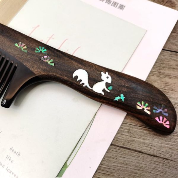 Peekingoose - Antique wooden comb men's and women's hair comb sandalwood comb mother-and-pearl craft hand-painted comb personality creative business engraved characters Birthday gift girl (1 squirrel long-handled horn wooden comb gift box)