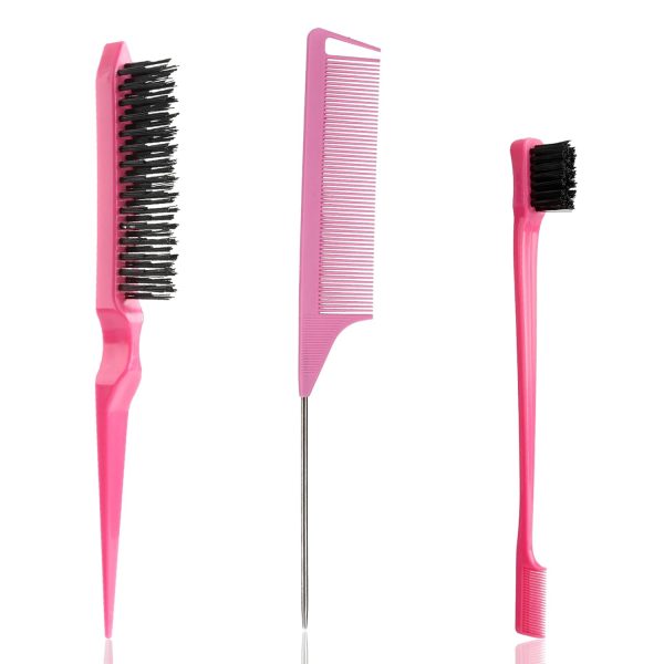 Peekingoose - Slick Back Hair Brush, 3 Pcs Comb Set Edge Brush Bristle Hair Brush Rat Tail Comb, Curly Hair Brush, Styling Tools & Appliances, Hair Styling Tools, Parting Comb,Teasing Comb for Women Baby Pink