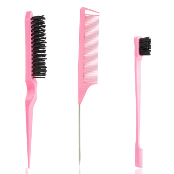 Peekingoose - Slick Back Hair Brush, 3 Pcs Comb Set Edge Brush Bristle Hair Brush Rat Tail Comb, Curly Hair Brush, Styling Tools & Appliances, Hair Styling Tools, Parting Comb,Teasing Comb for Women Baby Pink