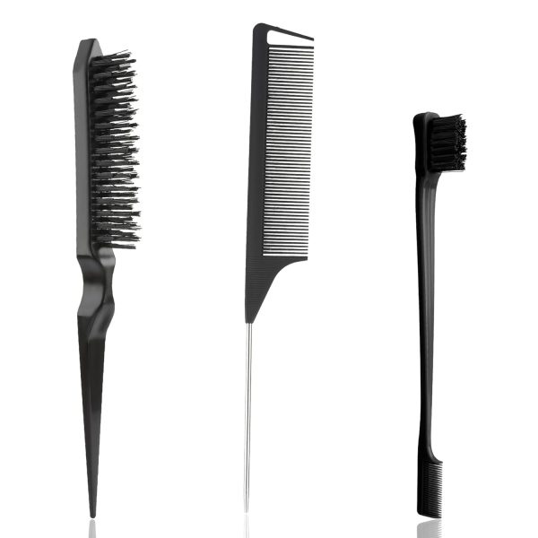 Peekingoose - Slick Back Hair Brush, 3 Pcs Comb Set Edge Brush Bristle Hair Brush Rat Tail Comb, Curly Hair Brush, Styling Tools & Appliances, Hair Styling Tools, Parting Comb,Teasing Comb for Women Baby Pink