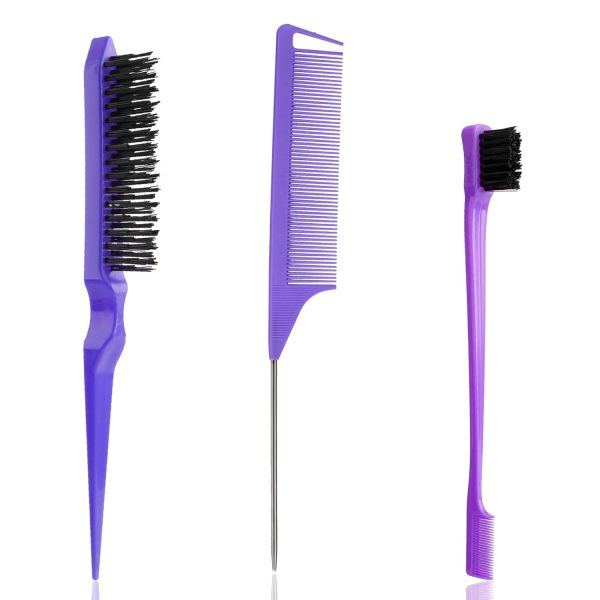 Peekingoose - Slick Back Hair Brush, 3 Pcs Comb Set Edge Brush Bristle Hair Brush Rat Tail Comb, Curly Hair Brush, Styling Tools & Appliances, Hair Styling Tools, Parting Comb,Teasing Comb for Women Baby Pink