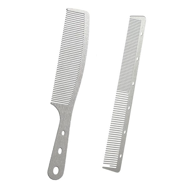 Peekingoose - 2 Pcs Metal Comb, Fine Tooth Comb, Stainless Steel Comb Set, Professional Barber Comb Hair Cutting for Hair Stylist, Easy Take, Anti Static, Heat Resistant, Travel comb, Wood Grain Design