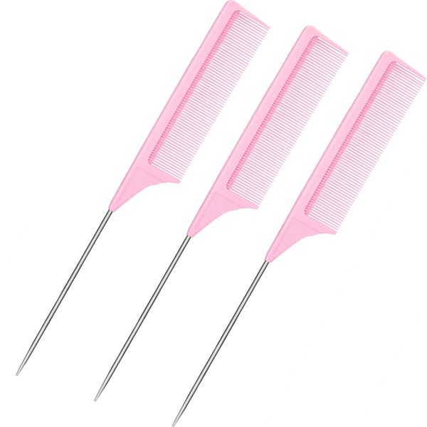Peekingoose - 3 Packs Rat Tail Comb Steel Pin Rat Tail Carbon Fiber Heat Resistant Teasing Combs with Stainless Steel Pintail (Pink)