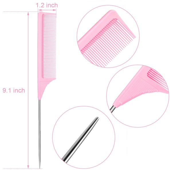 Peekingoose - 3 Packs Rat Tail Comb Steel Pin Rat Tail Carbon Fiber Heat Resistant Teasing Combs with Stainless Steel Pintail (Pink)
