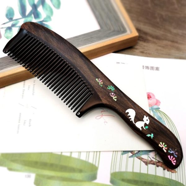 Peekingoose - Antique wooden comb men's and women's hair comb sandalwood comb mother-and-pearl craft hand-painted comb personality creative business engraved characters Birthday gift girl (1 squirrel long-handled horn wooden comb gift box)