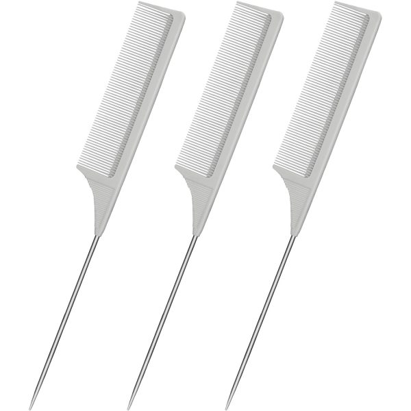 Peekingoose - 3 Packs Rat Tail Comb Steel Pin Rat Tail Carbon Fiber Heat Resistant Teasing Combs with Stainless Steel Pintail (Pink)