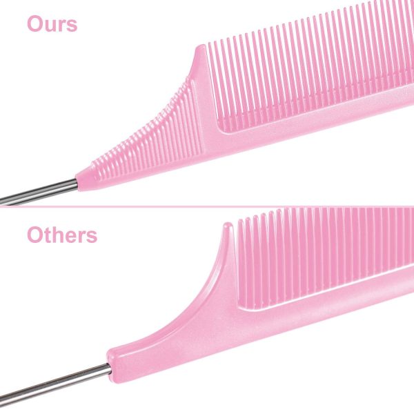 Peekingoose - 3 Packs Rat Tail Comb Steel Pin Rat Tail Carbon Fiber Heat Resistant Teasing Combs with Stainless Steel Pintail (Pink)