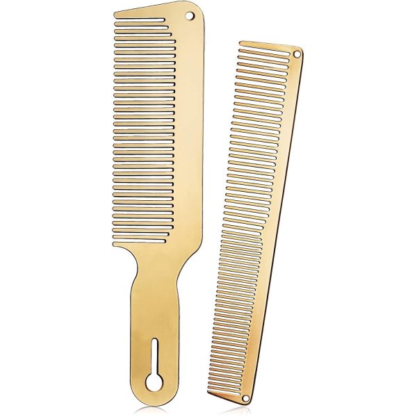 Peekingoose - 2 Pieces Metal Comb Set Metal Barber Comb Stainless Steel Blending Comb Fine Styling Cutting Comb Flat Top Clipper Comb Metal Detangling Comb for Men Women Salon, 2 Styles (Gold)