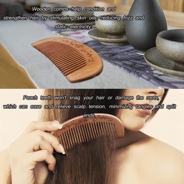 Peekingoose - Pack Peach Comb, Wooden Fine Tooth Comb, Anti-static Hand Carved Pattern Pocket Size Travel Beard Comb, Hair Massage Tool Care Accessories, Suitable for Women, Men, Children