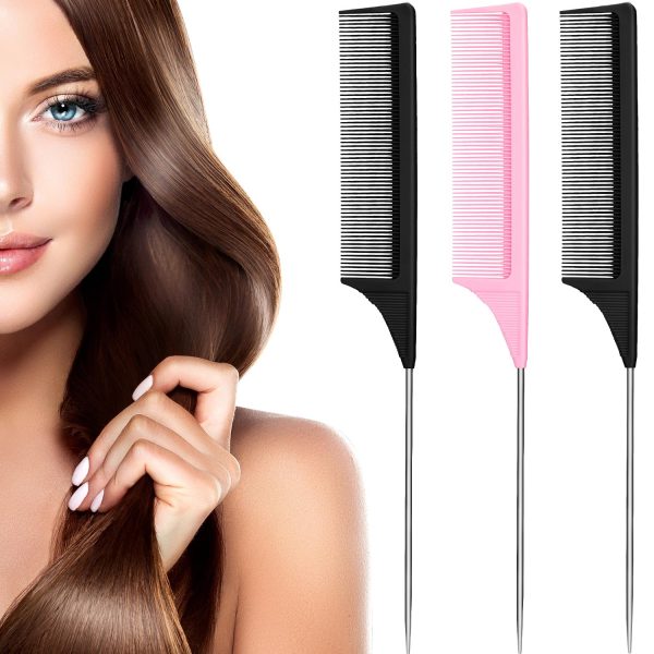 Peekingoose - 3 Packs Rat Tail Comb Steel Pin Rat Tail Carbon Fiber Heat Resistant Teasing Combs with Stainless Steel Pintail (Pink)