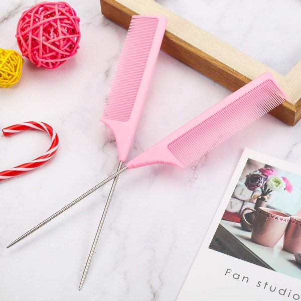 Peekingoose - 3 Packs Rat Tail Comb Steel Pin Rat Tail Carbon Fiber Heat Resistant Teasing Combs with Stainless Steel Pintail (Pink)