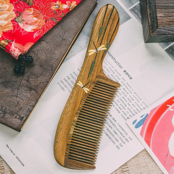 Peekingoose - Anti-Static, Wood Comb with Dragonfly and Lightning