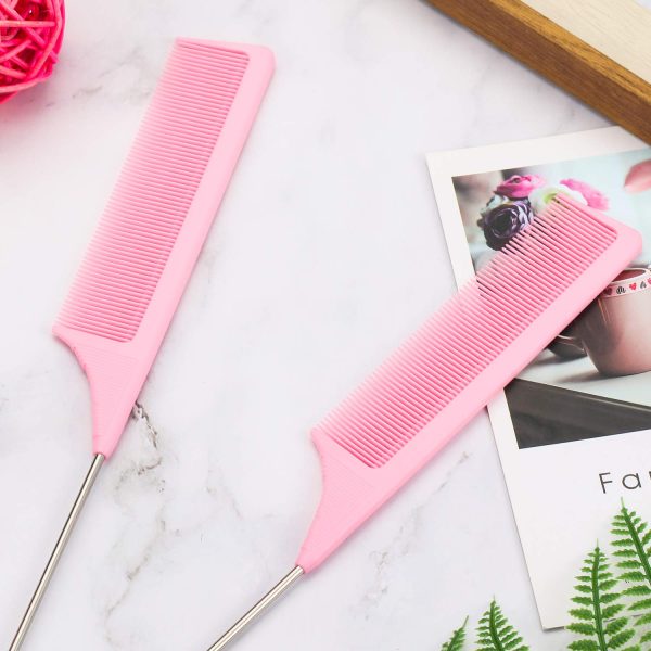 Peekingoose - 3 Packs Rat Tail Comb Steel Pin Rat Tail Carbon Fiber Heat Resistant Teasing Combs with Stainless Steel Pintail (Pink)