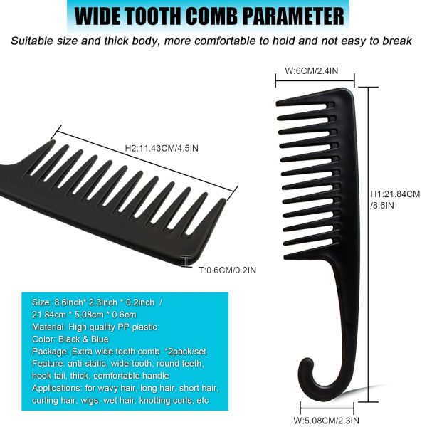 Peekingoose - 2PCS Premium Wide Tooth Comb, Shower Combs for Wet Curly Hair, Large Detangling Comb with Hook for Curls, Wigs, Detangler Hair Brush with Handgrip for Knotting Wavy, Thick, Dry Hair Stylist