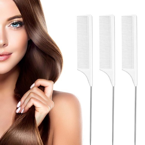 Peekingoose - 3 Packs Rat Tail Comb Steel Pin Rat Tail Carbon Fiber Heat Resistant Teasing Combs with Stainless Steel Pintail (Pink)