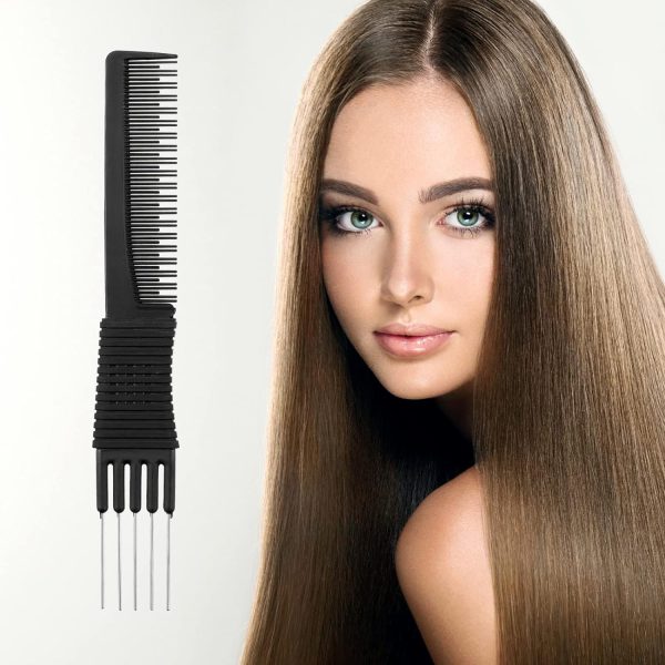 Peekingoose - 3 Pack Black Carbon Lift Teasing Combs with Metal Prong, Salon Teasing Back Combs, Black Carbon Comb with Stainless Steel Lift (Style A)