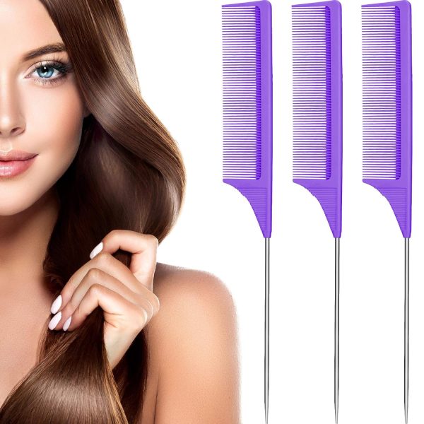 Peekingoose - 3 Packs Rat Tail Comb Steel Pin Rat Tail Carbon Fiber Heat Resistant Teasing Combs with Stainless Steel Pintail (Pink)