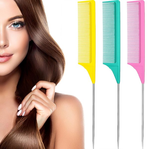 Peekingoose - 3 Packs Rat Tail Comb Steel Pin Rat Tail Carbon Fiber Heat Resistant Teasing Combs with Stainless Steel Pintail (Pink)