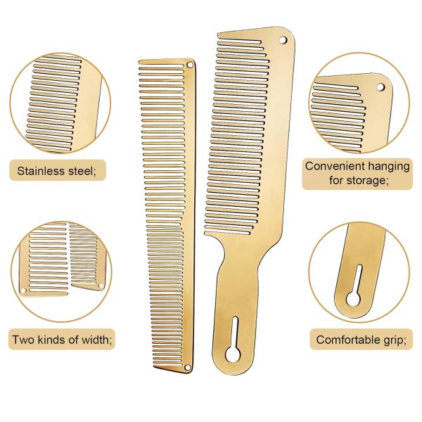 Peekingoose - 2 Pieces Metal Comb Set Metal Barber Comb Stainless Steel Blending Comb Fine Styling Cutting Comb Flat Top Clipper Comb Metal Detangling Comb for Men Women Salon, 2 Styles (Gold)