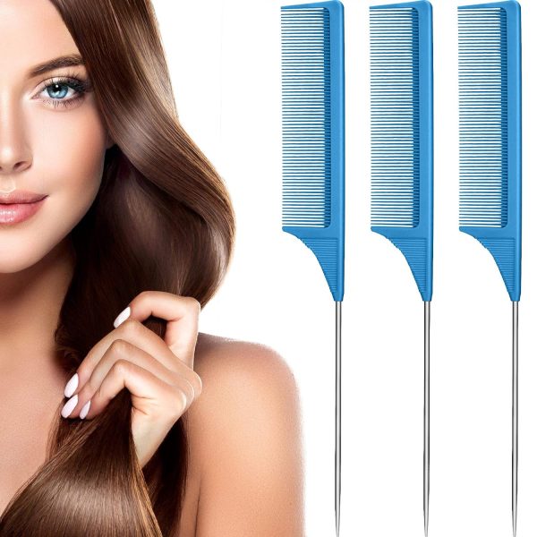 Peekingoose - 3 Packs Rat Tail Comb Steel Pin Rat Tail Carbon Fiber Heat Resistant Teasing Combs with Stainless Steel Pintail (Pink)