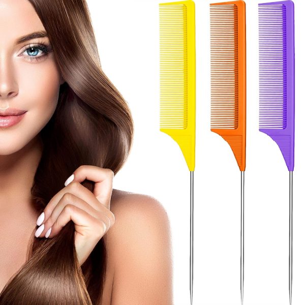 Peekingoose - 3 Packs Rat Tail Comb Steel Pin Rat Tail Carbon Fiber Heat Resistant Teasing Combs with Stainless Steel Pintail (Pink)