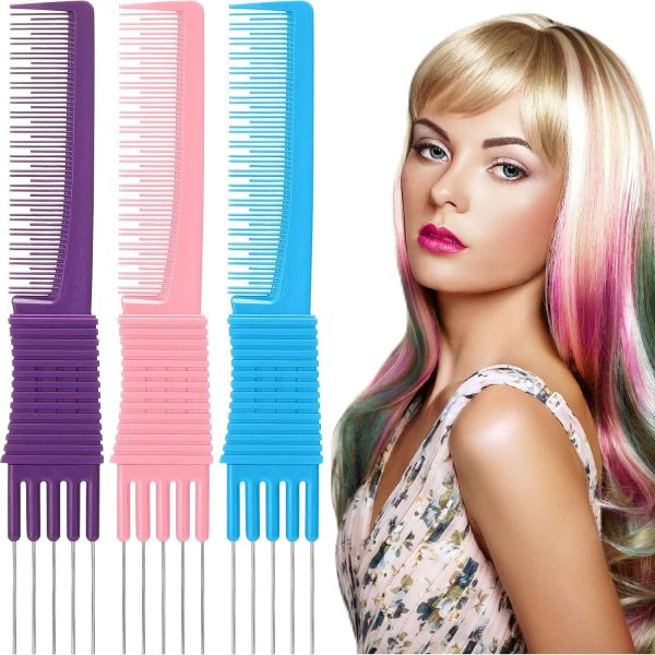 Peekingoose - 3 Pack Black Carbon Lift Teasing Combs with Metal Prong, Salon Teasing Back Combs, Black Carbon Comb with Stainless Steel Lift (Style A)